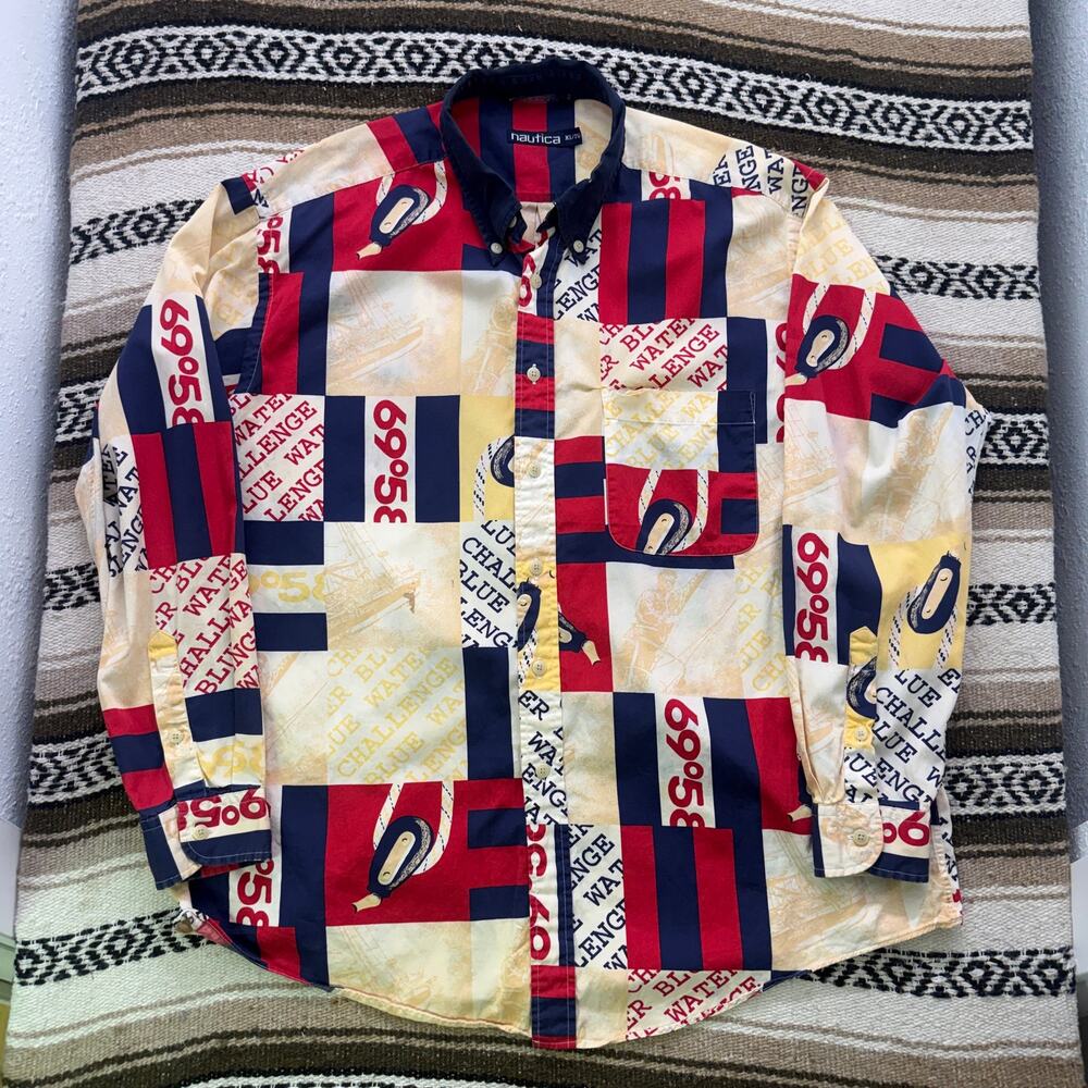 Vintage 90's Nautica Blue Water Challenge AOP Button Up Long Sleeve Shirt Sz XL